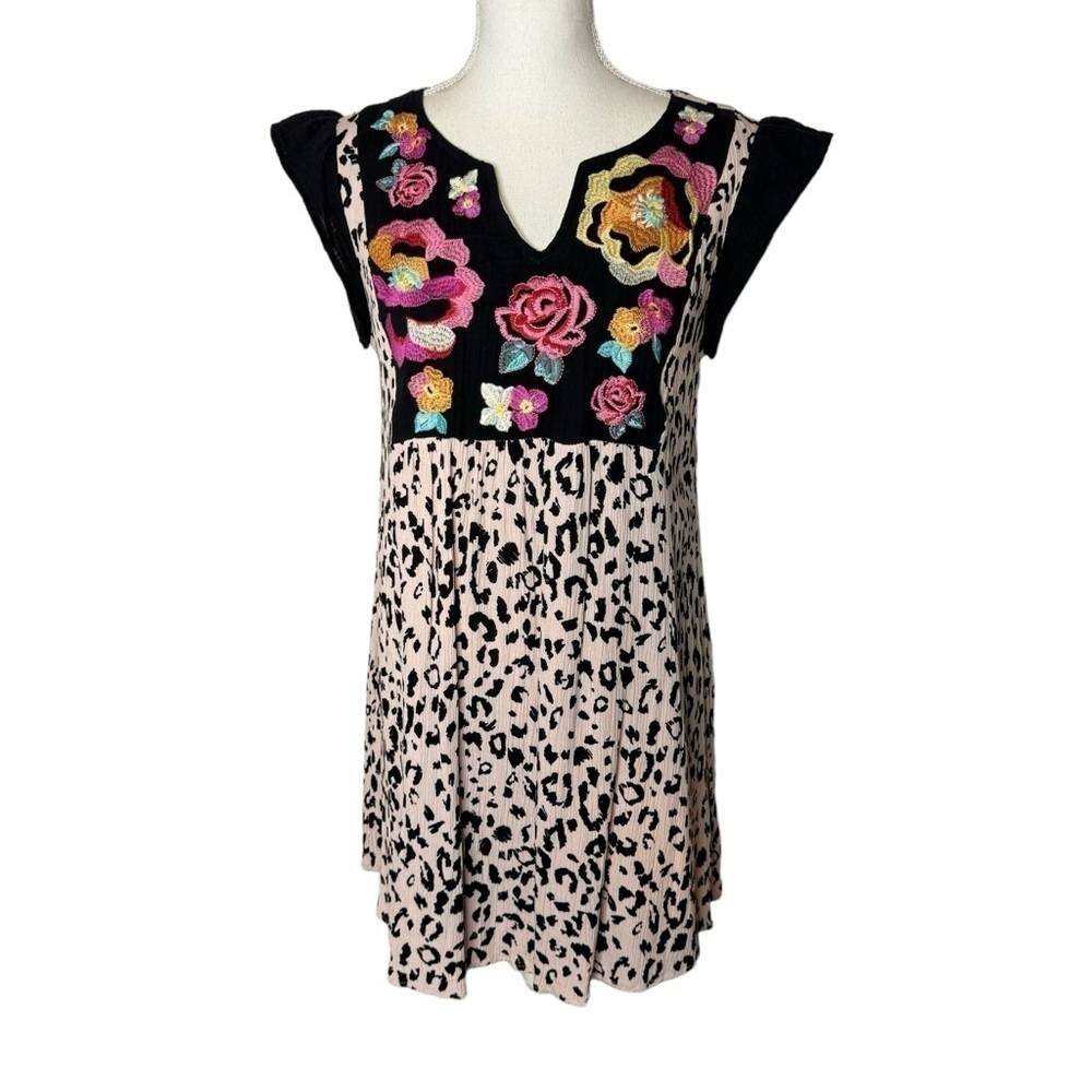 Savanna Jane Ruffle Cap Sleeve Embroidered Leopard Dress Small